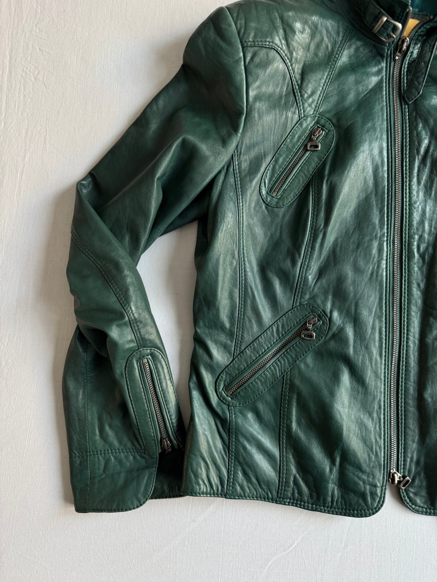 🏍️ Jachetă Biker Y2K din Piele de Miel Verde – EU 38 (M Damă) - anbracaminte