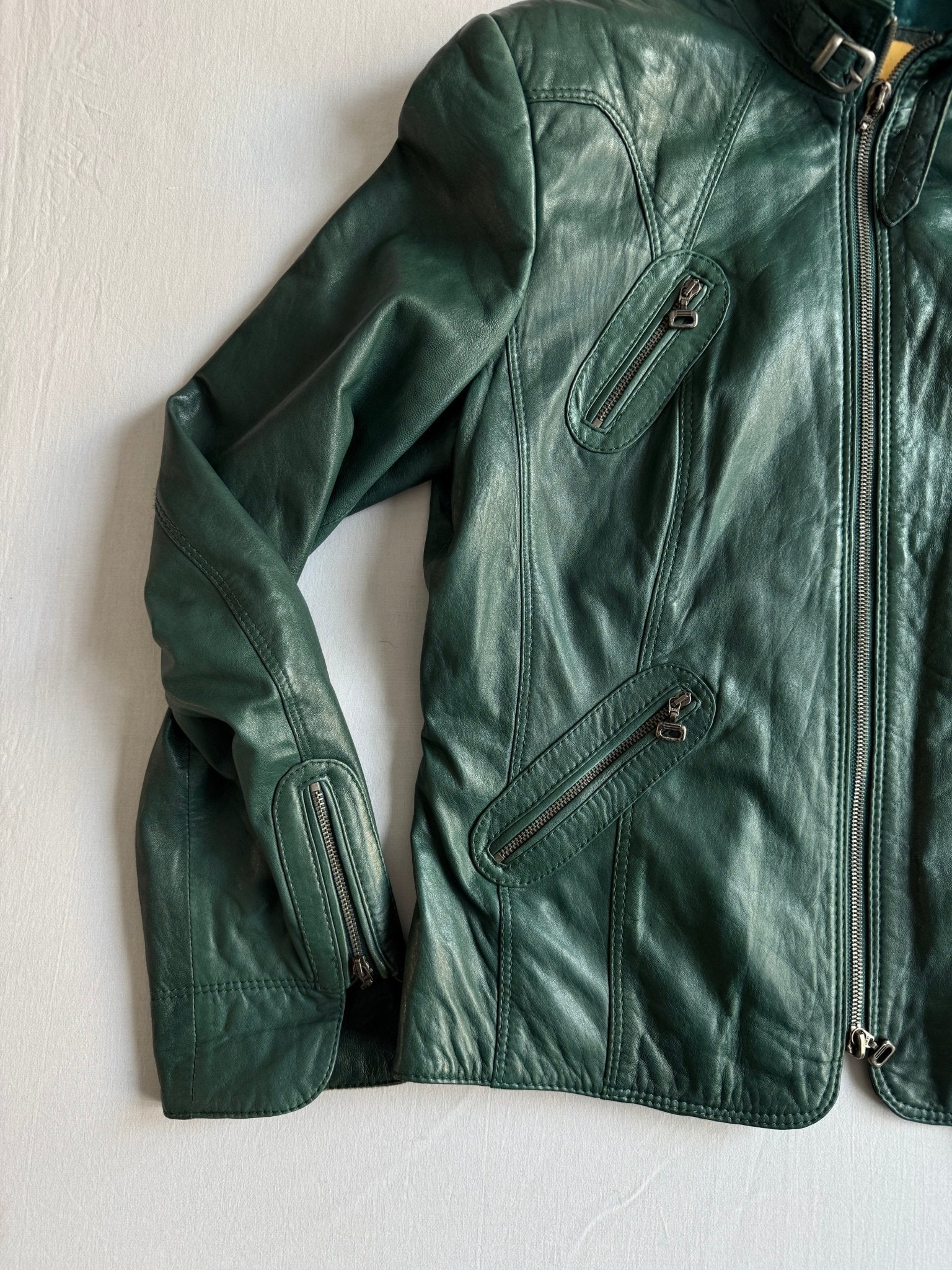 🏍️ Jachetă Biker Y2K din Piele de Miel Verde – EU 38 (M Damă) - anbracaminte