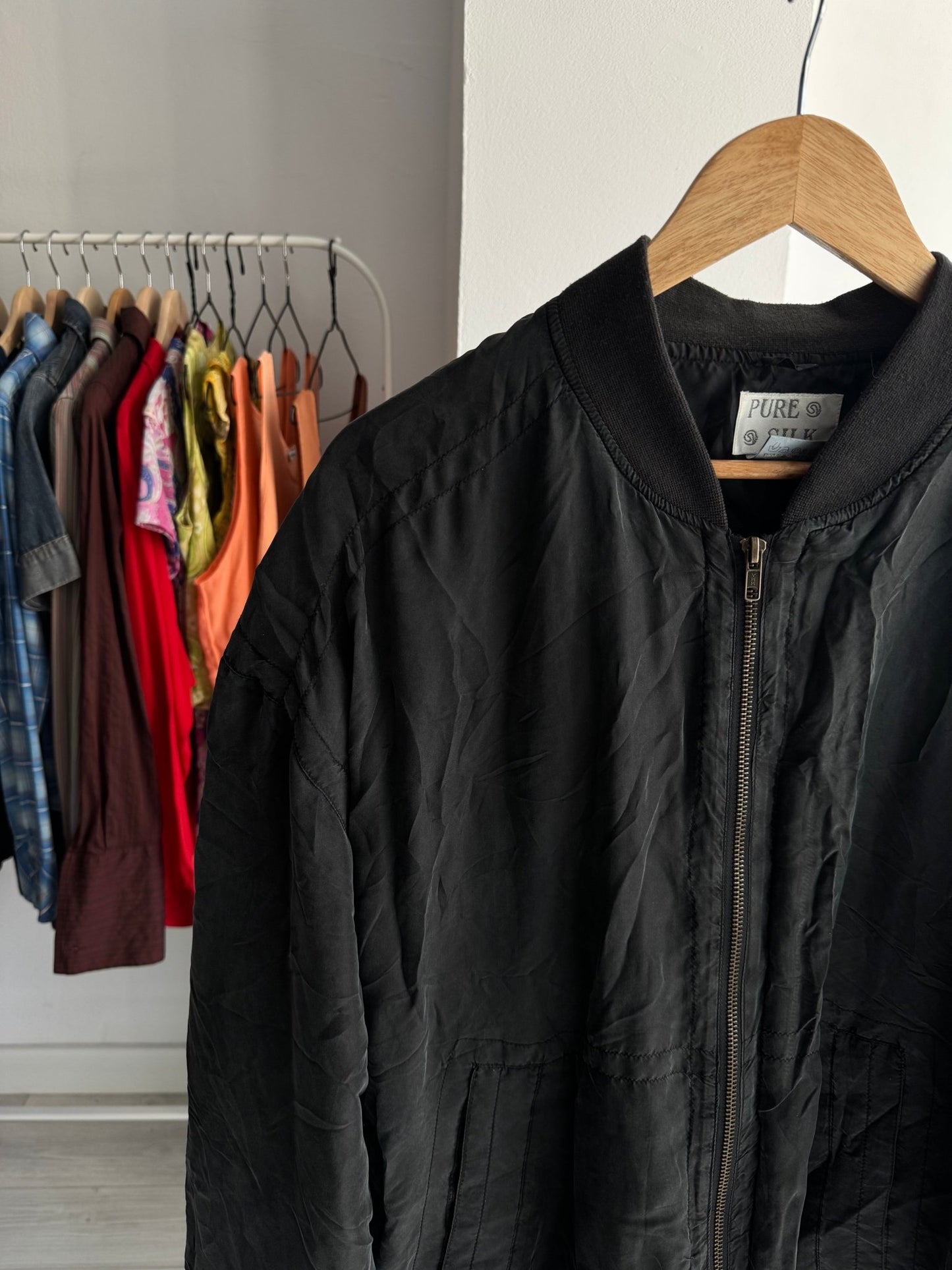 💣 Jachetă Bomber Mătase Naturală Neagră Vintage | 100% Silk | Cropped si Boxy - anbracaminte