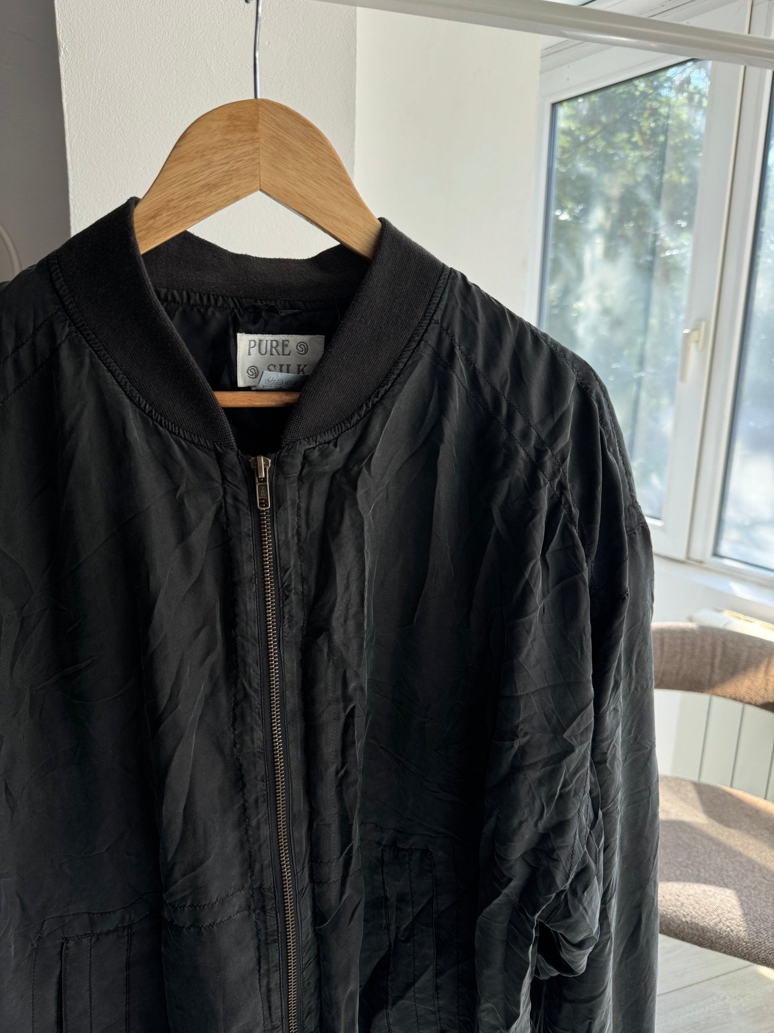 💣 Jachetă Bomber Mătase Naturală Neagră Vintage | 100% Silk | Cropped si Boxy - anbracaminte