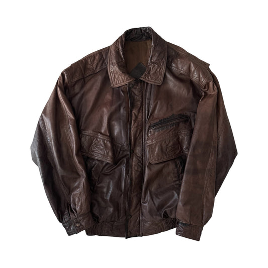 ✈️ Jachetă Piele Bomber Vintage Maro Închis | Cropped şi Boxy | Patină Naturală – L Oversized / XL Bărbați - anbracaminte