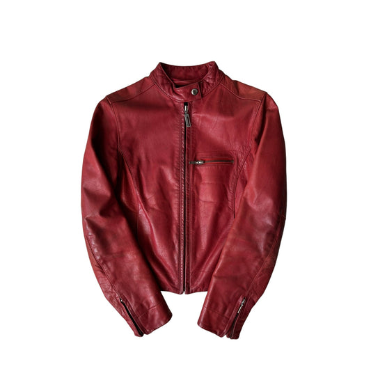 🍷 Jachetă Piele Buffalo Roșie Chevignon Y2K Vintage – Mărime S - anbracaminte