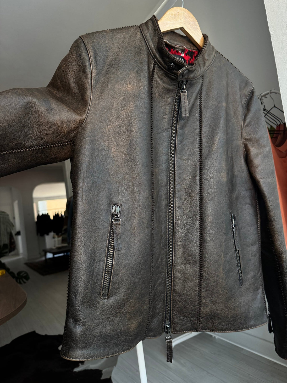 🏍️ Jachetă Piele Oaie Cafe Racer Y2K Neagră | Patină Naturală | Made in Italy – L/XL Damă - anbracaminte