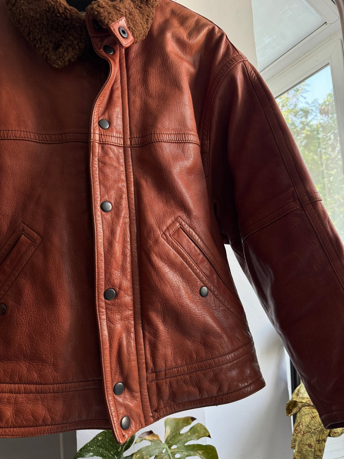 Jachetă Piele Sicons cu Guler Shearling | Archive Anii '80 | Made in Italy | L Bărbați (50) - anbracaminte
