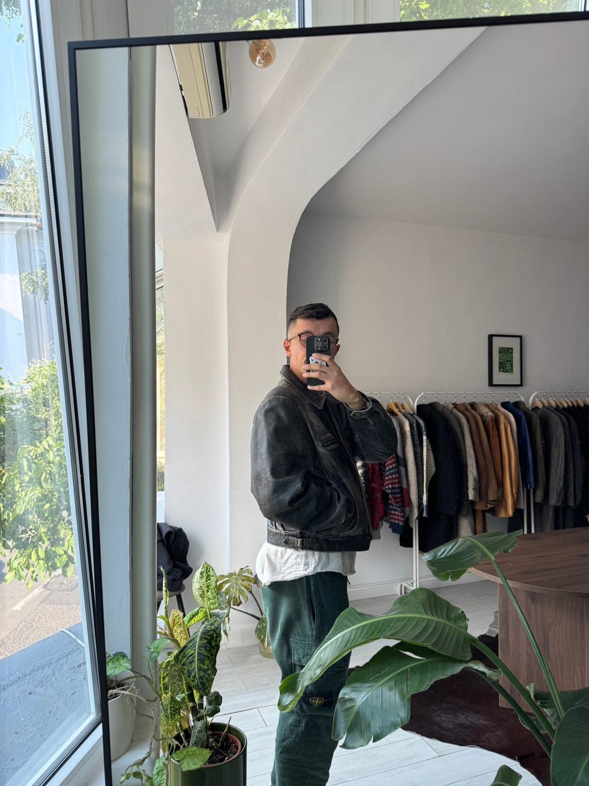 Jachetă Piele Vintage Faded | Patină Naturală | Cropped Boxy | Stare Perfectă | L/XL Bărbați (52) - anbracaminte