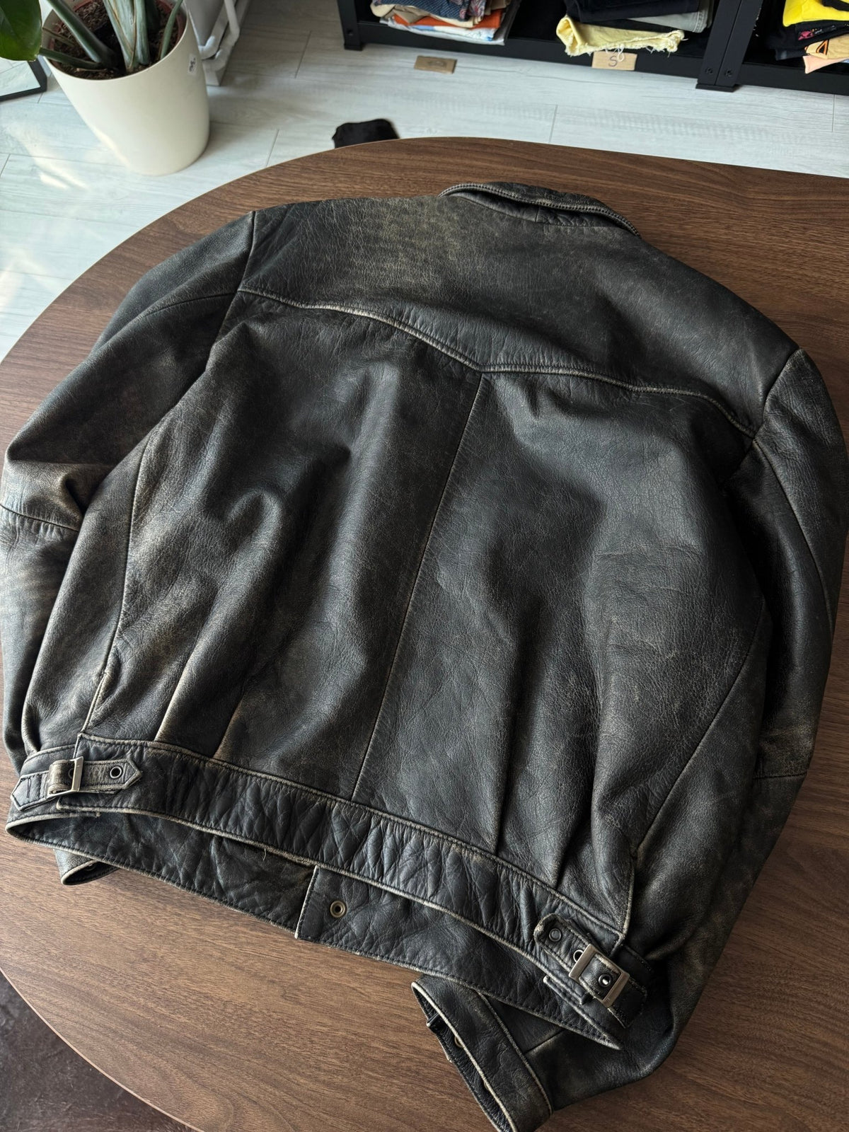 Jachetă Piele Vintage Faded | Patină Naturală | Cropped Boxy | Stare Perfectă | L/XL Bărbați (52) - anbracaminte