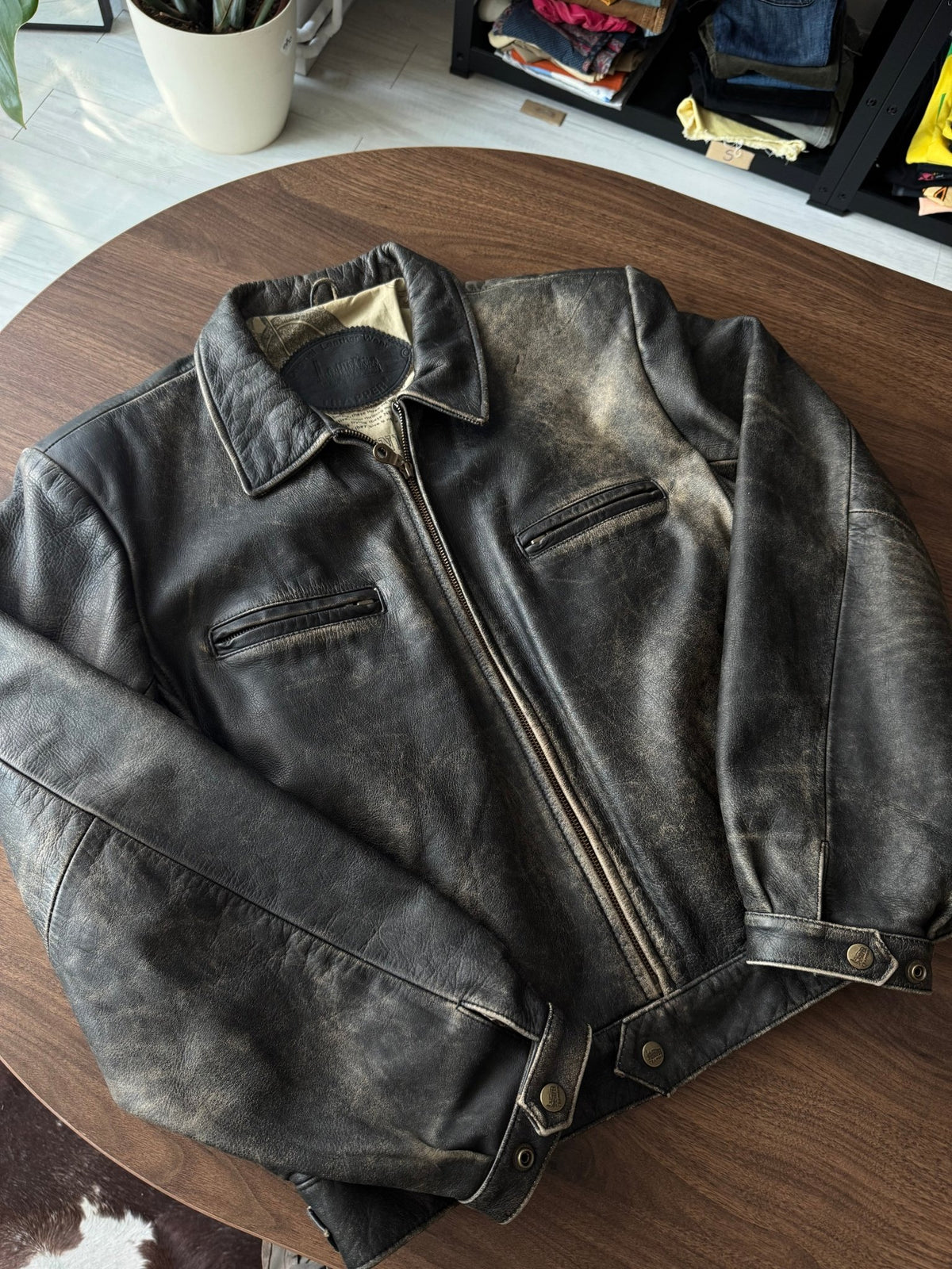 Jachetă Piele Vintage Faded | Patină Naturală | Cropped Boxy | Stare Perfectă | L/XL Bărbați (52) - anbracaminte
