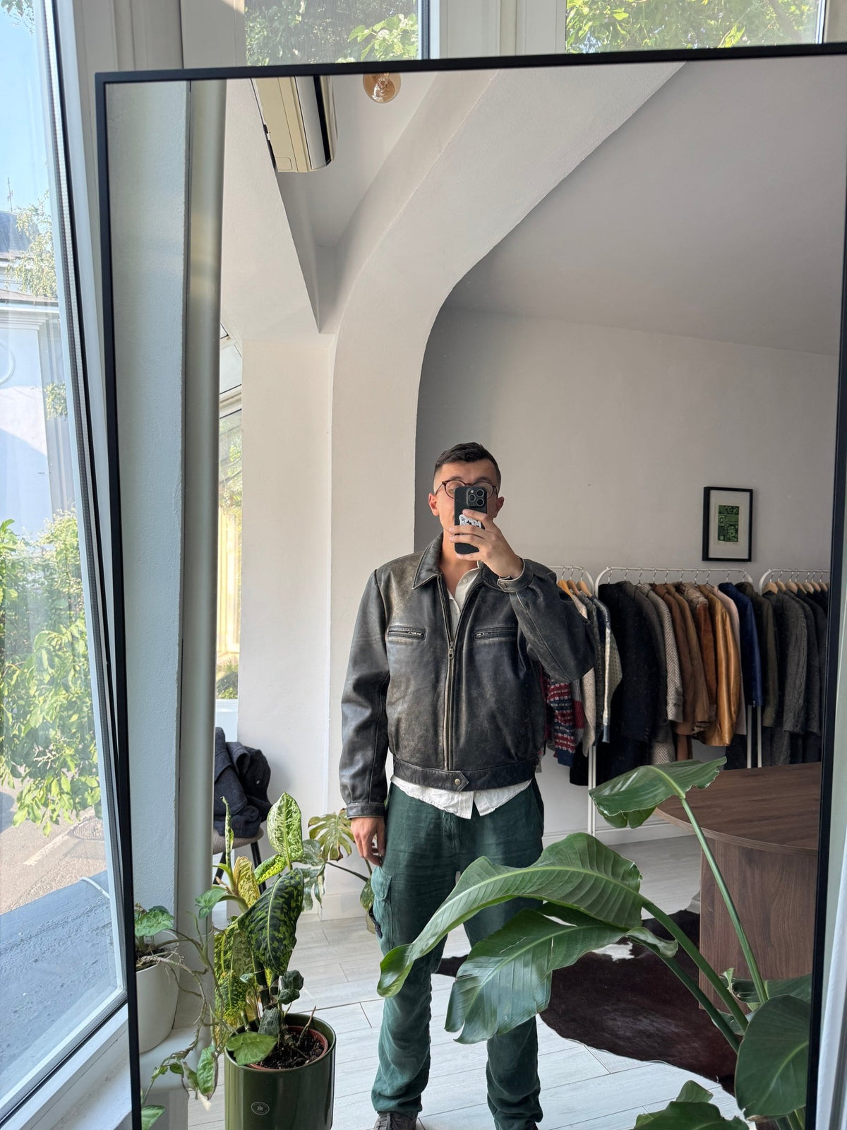 Jachetă Piele Vintage Faded | Patină Naturală | Cropped Boxy | Stare Perfectă | L/XL Bărbați (52) - anbracaminte