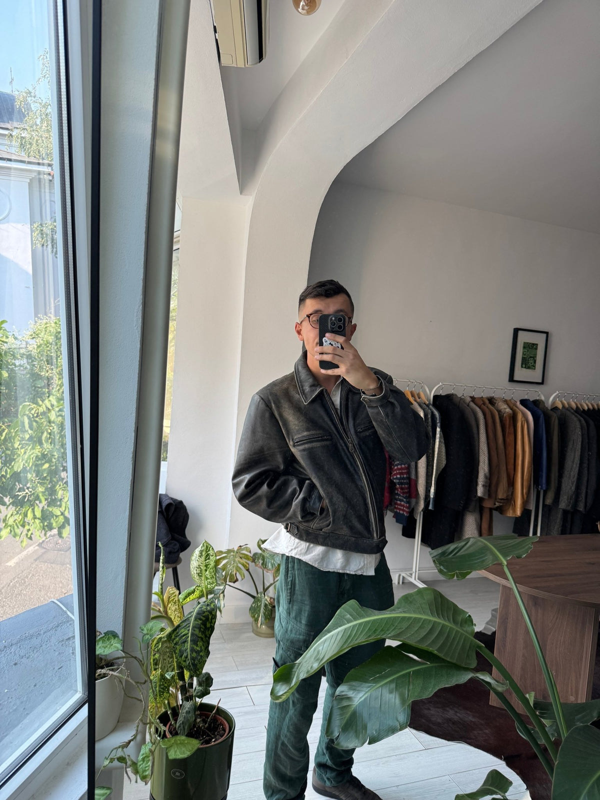 Jachetă Piele Vintage Faded | Patină Naturală | Cropped Boxy | Stare Perfectă | L/XL Bărbați (52) - anbracaminte
