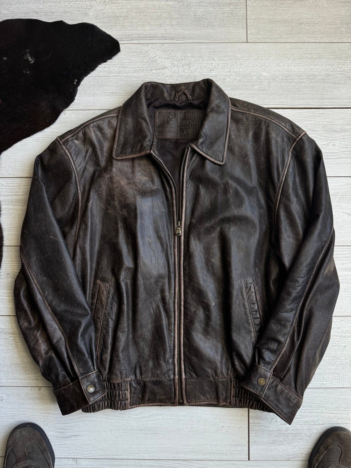 Jachetă Piele Vintage | Patină Naturală | Cropped Boxy | M Bărbați (46) - anbracaminte