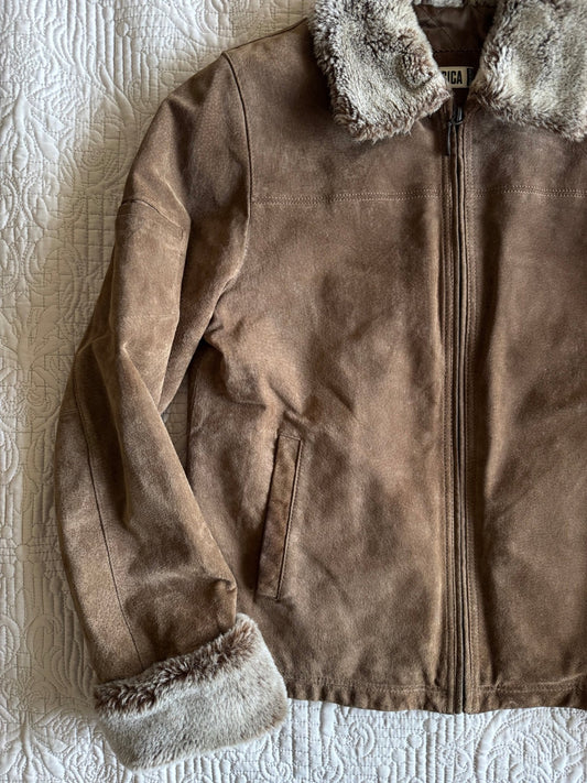Jachetă Suede Maro Y2K cu Guler și Manșete Sherpa | 100% Pig Split Suede | S/M Damă (EU 38) - anbracaminte