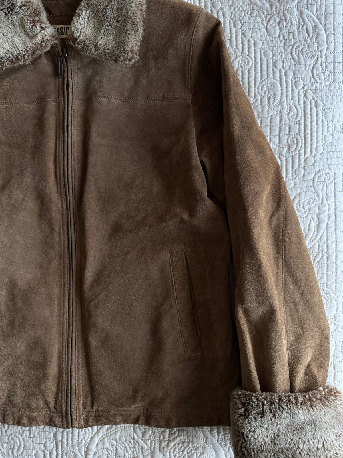 Jachetă Suede Maro Y2K cu Guler și Manșete Sherpa | 100% Pig Split Suede | S/M Damă (EU 38) - anbracaminte
