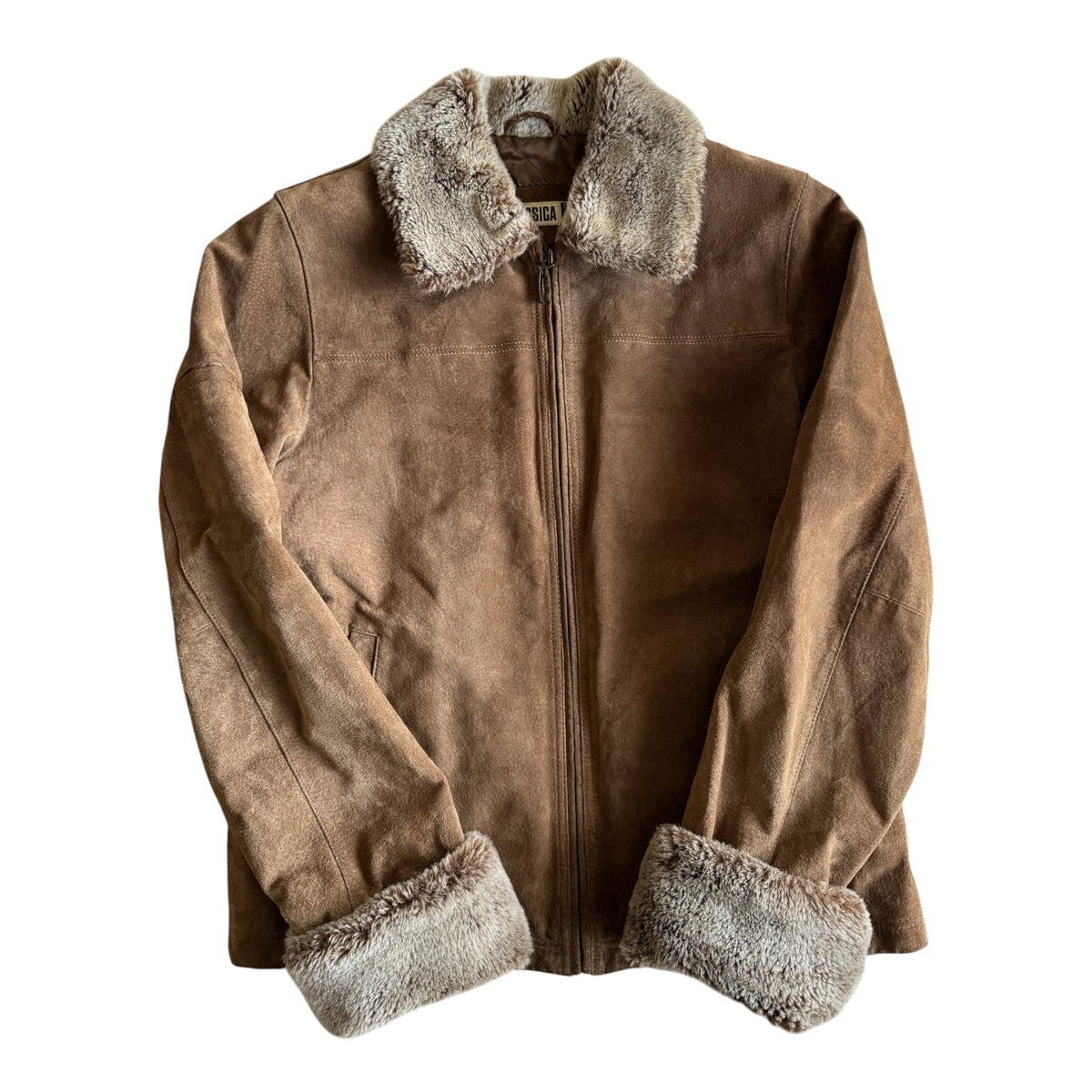 Jachetă Suede Maro Y2K cu Guler și Manșete Sherpa | 100% Pig Split Suede | S/M Damă (EU 38) - anbracaminte