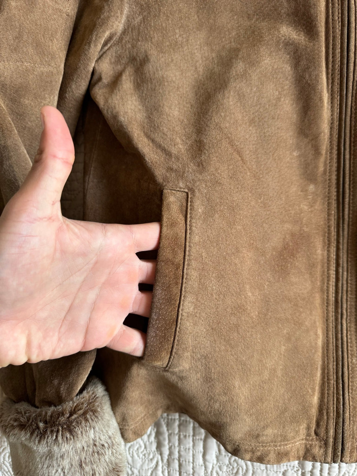 Jachetă Suede Maro Y2K cu Guler și Manșete Sherpa | 100% Pig Split Suede | S/M Damă (EU 38) - anbracaminte