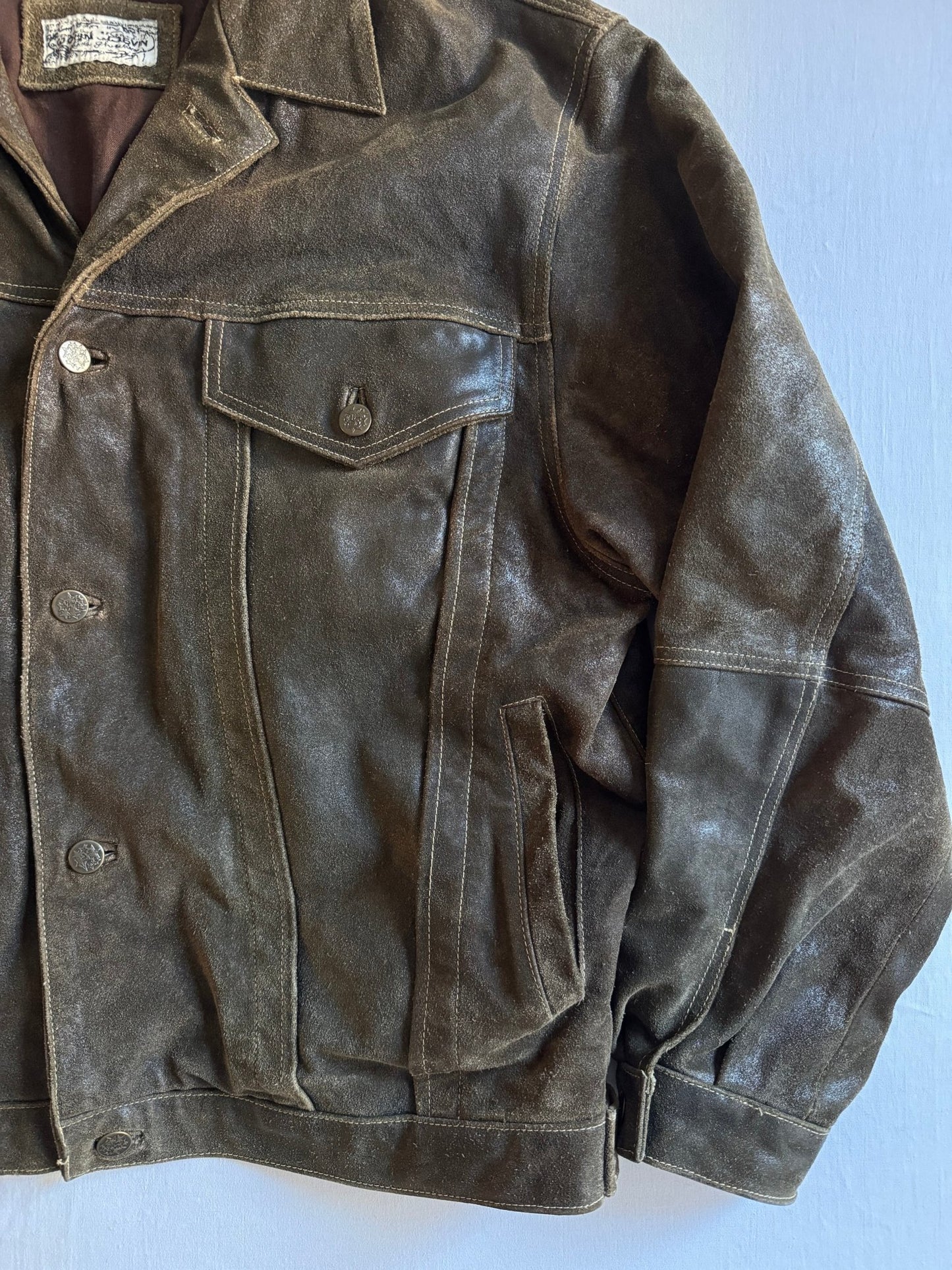 🧥 Jachetă Trucker Vintage din Piele întoarsă – Mărimea L – Patină Autentică - anbracaminte