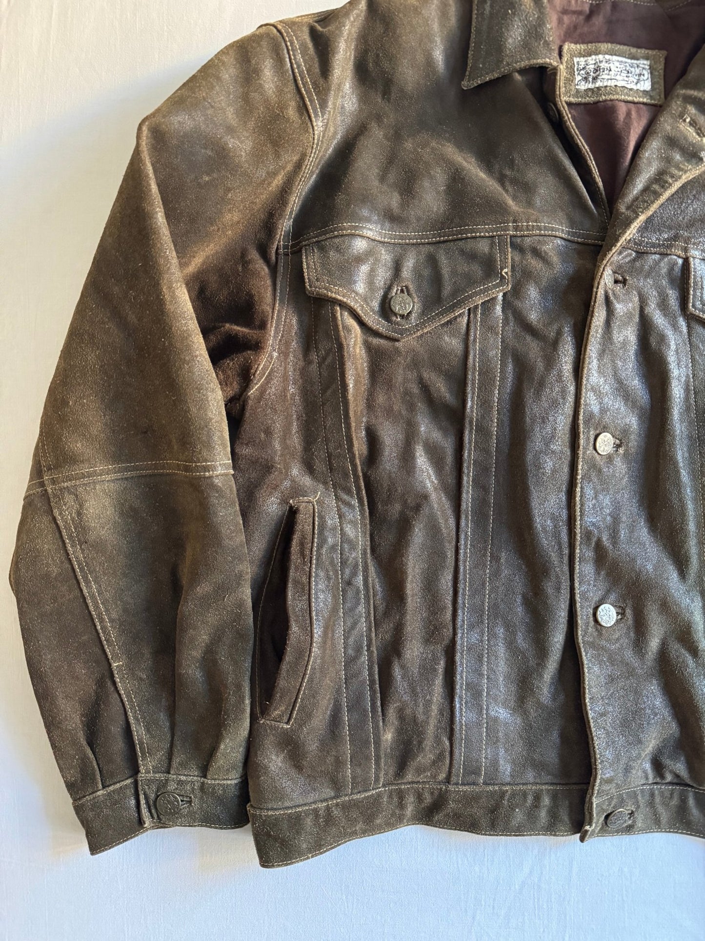 🧥 Jachetă Trucker Vintage din Piele întoarsă – Mărimea L – Patină Autentică - anbracaminte