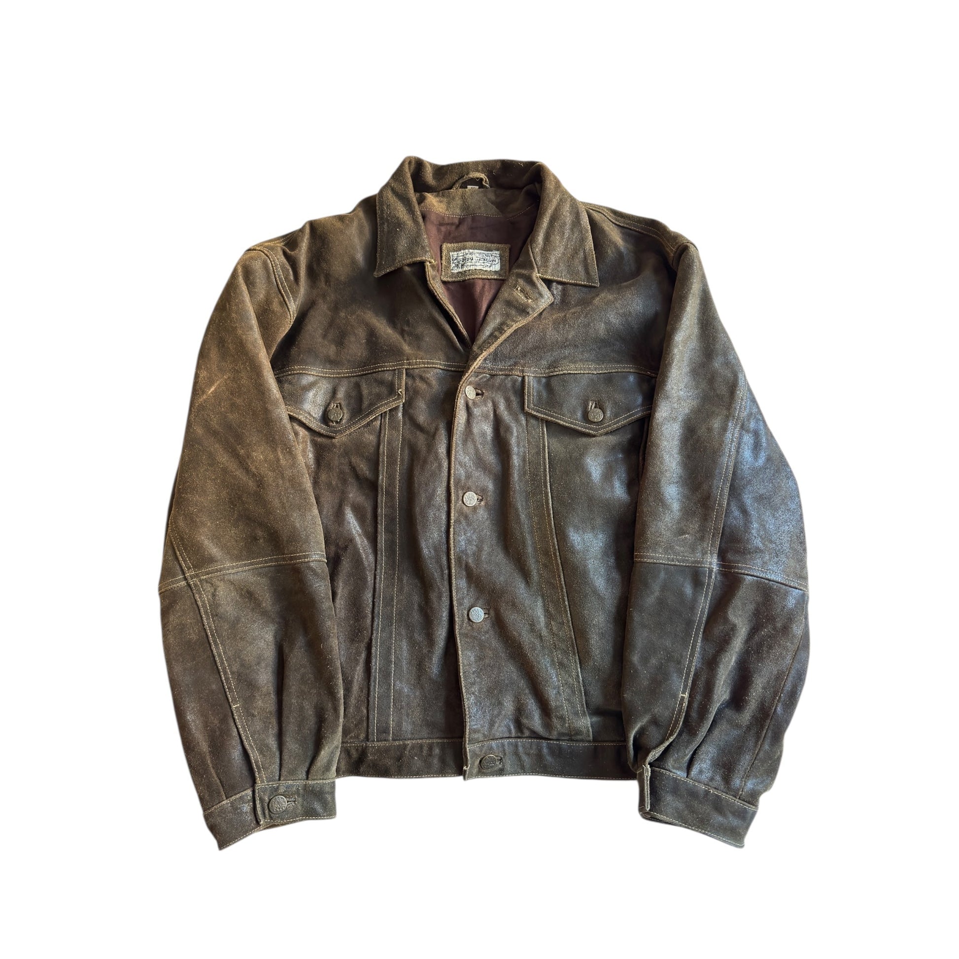 🧥 Jachetă Trucker Vintage din Piele întoarsă – Mărimea L – Patină Autentică - anbracaminte