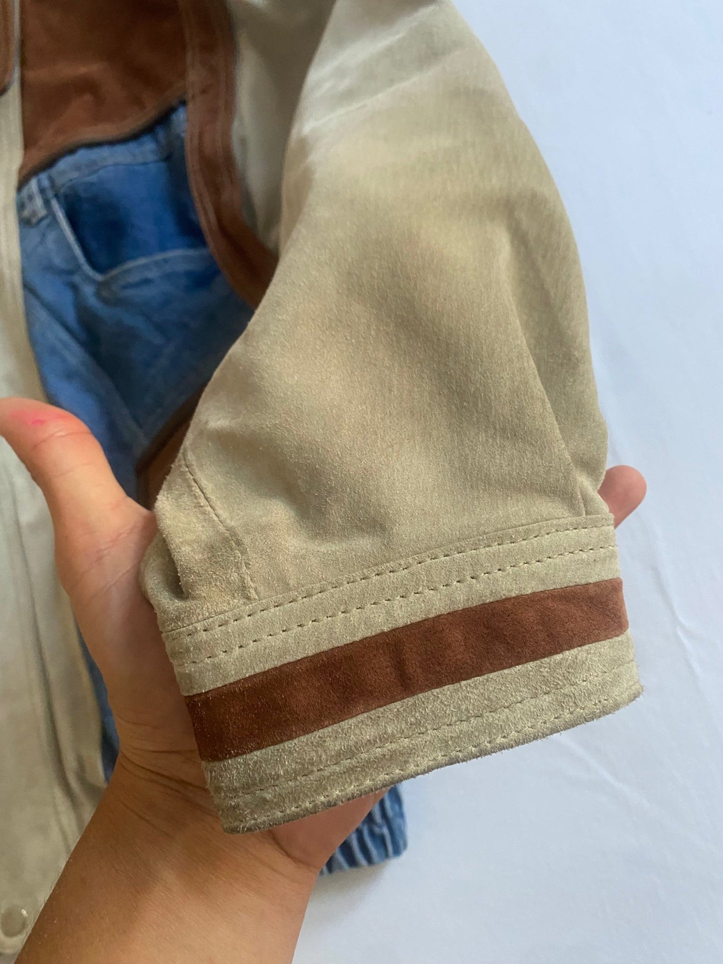Jachetă Vintage Suede & Denim – Mâneci Detașabile – Mărime 48 (M, Oversized/Boxy Fit) - anbracaminte