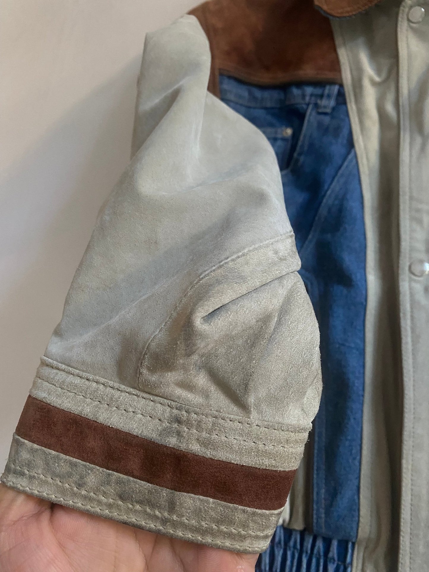 Jachetă Vintage Suede & Denim – Mâneci Detașabile – Mărime 48 (M, Oversized/Boxy Fit) - anbracaminte