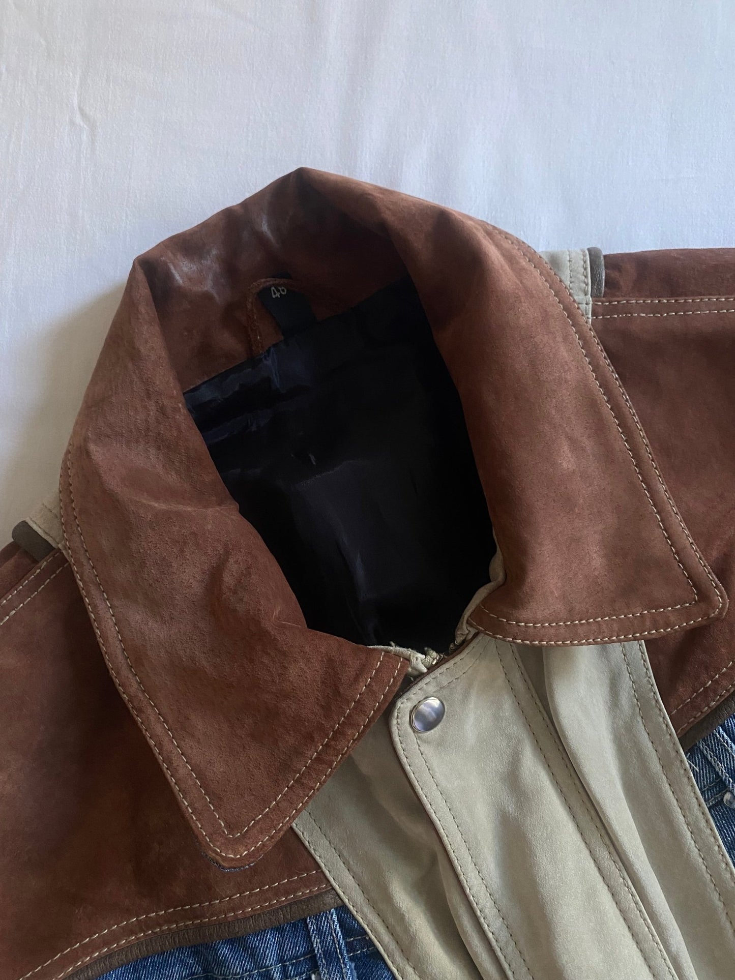 Jachetă Vintage Suede & Denim – Mâneci Detașabile – Mărime 48 (M, Oversized/Boxy Fit) - anbracaminte