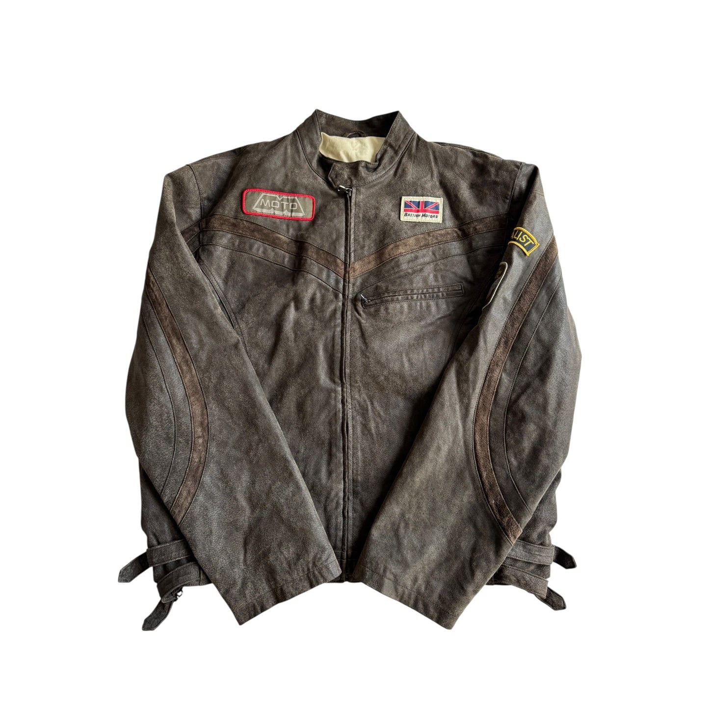 🏍️ Jachetă Y2K Bărbați Racing din Piele Întoarsă de Porc Maro – L (fit XL) - anbracaminte