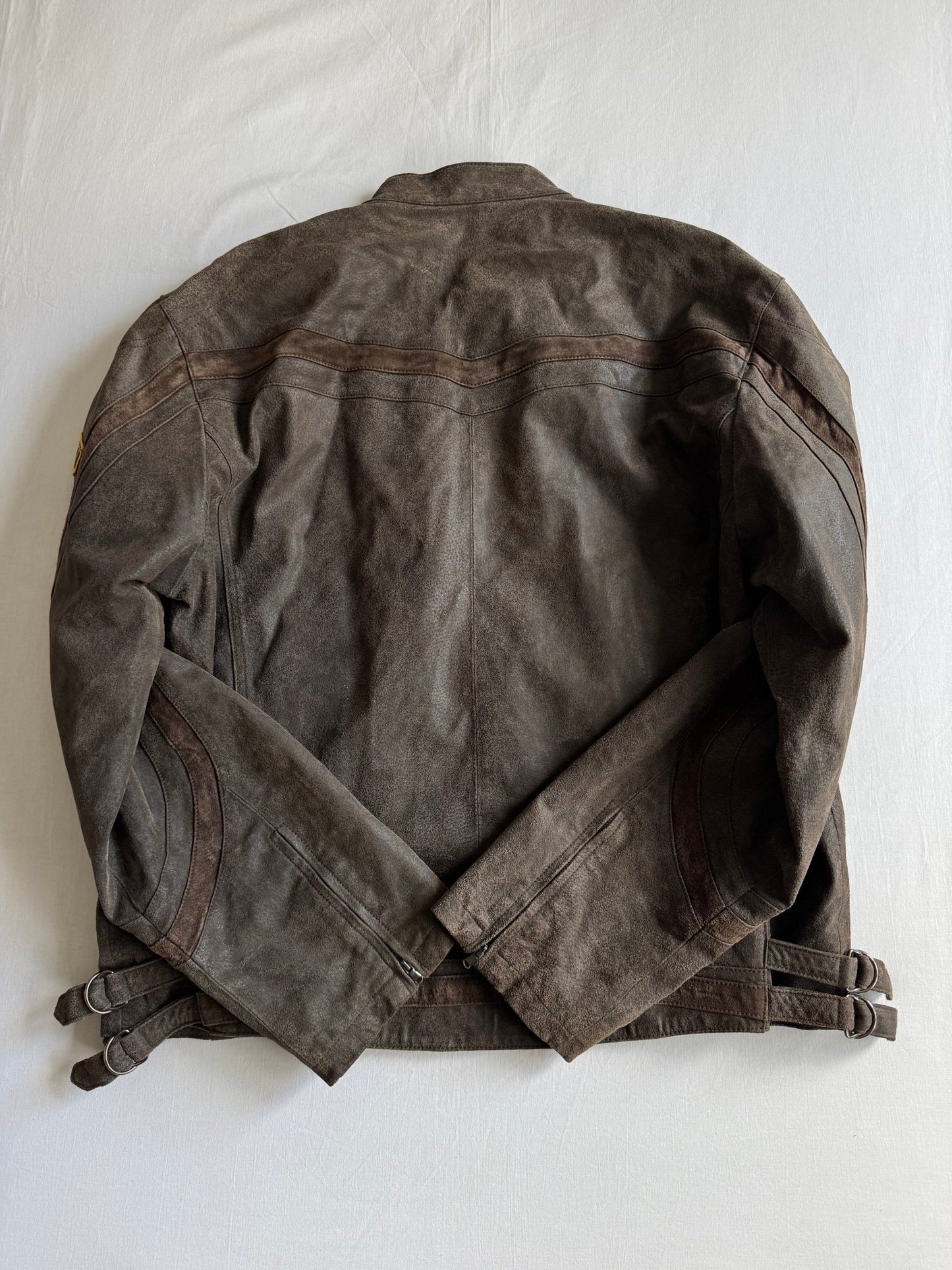 🏍️ Jachetă Y2K Bărbați Racing din Piele Întoarsă de Porc Maro – L (fit XL) - anbracaminte