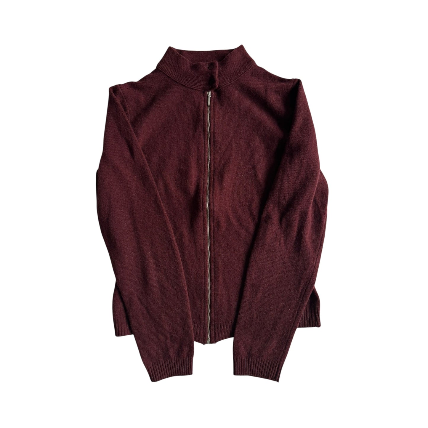 🧶 Jachetă Y2K Damă Benetton Burgundy Knit Cafe Racer – S - anbracaminte