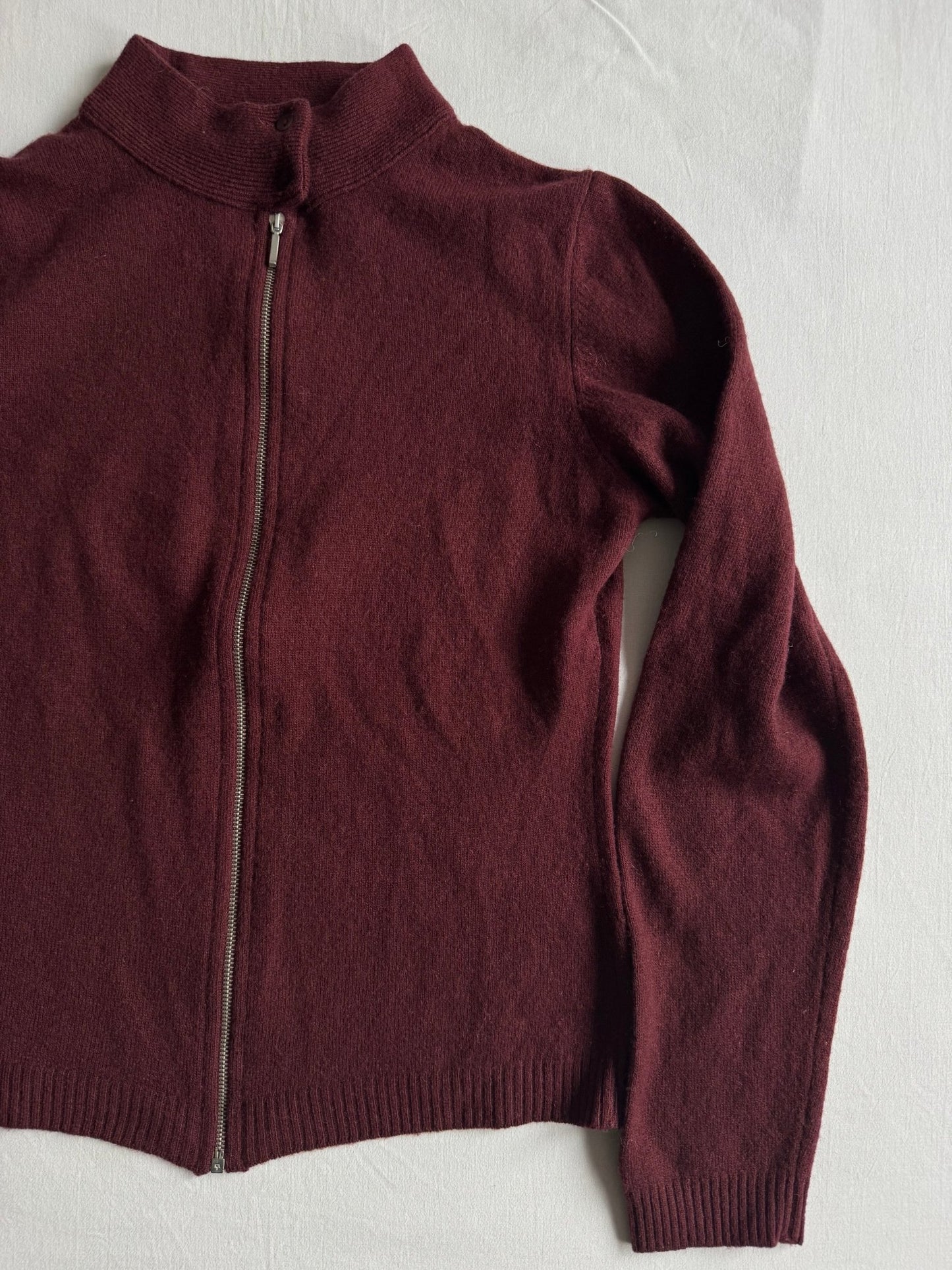 🧶 Jachetă Y2K Damă Benetton Burgundy Knit Cafe Racer – S - anbracaminte