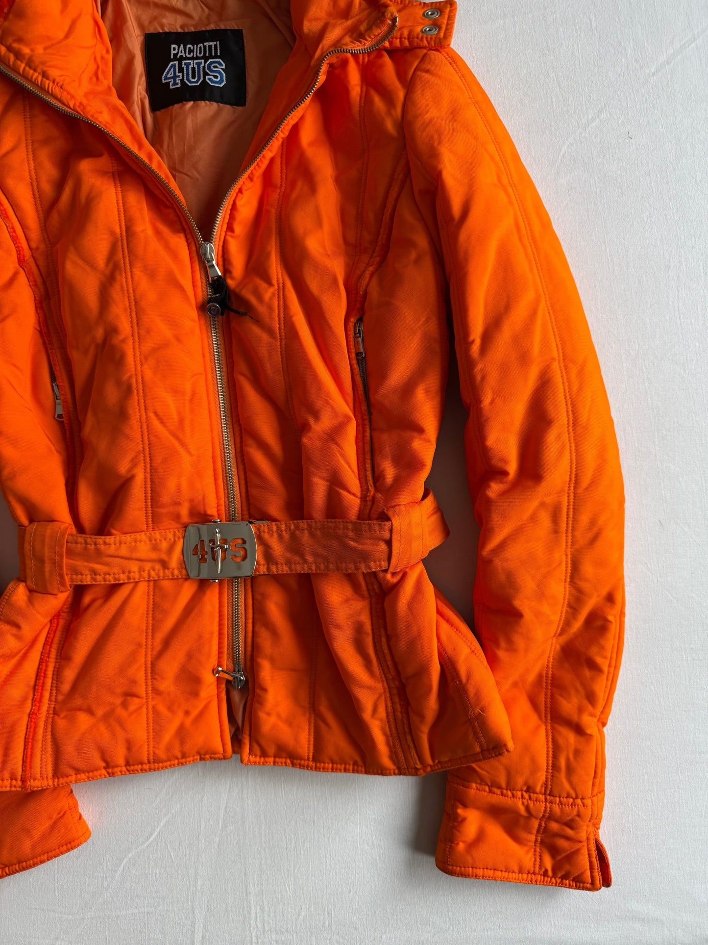 🍊 Jachetă Y2K Portocalie 4US by Cesare Paciotti cu Glugă din Blană Naturală – M Femei - anbracaminte