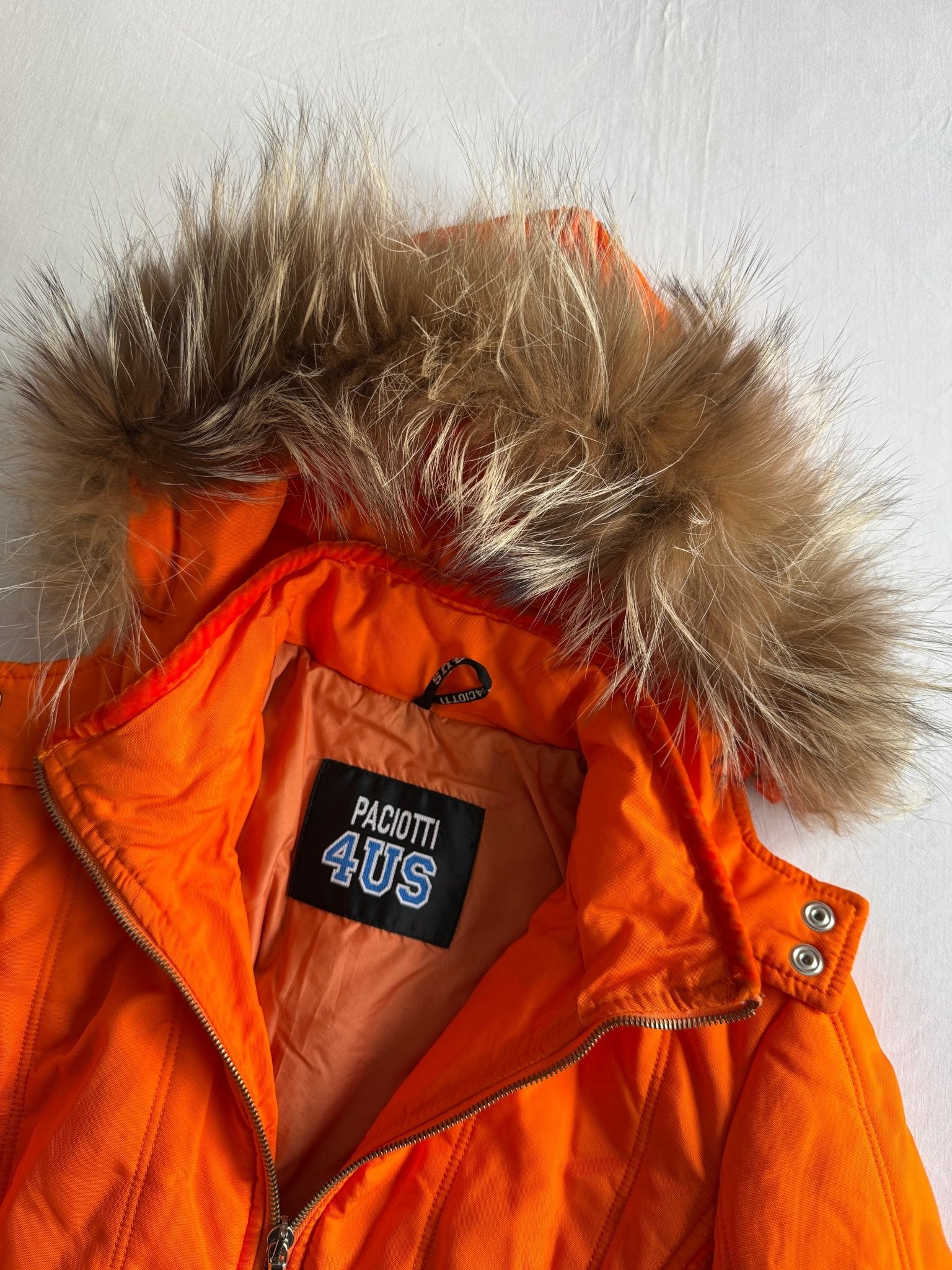🍊 Jachetă Y2K Portocalie 4US by Cesare Paciotti cu Glugă din Blană Naturală – M Femei - anbracaminte