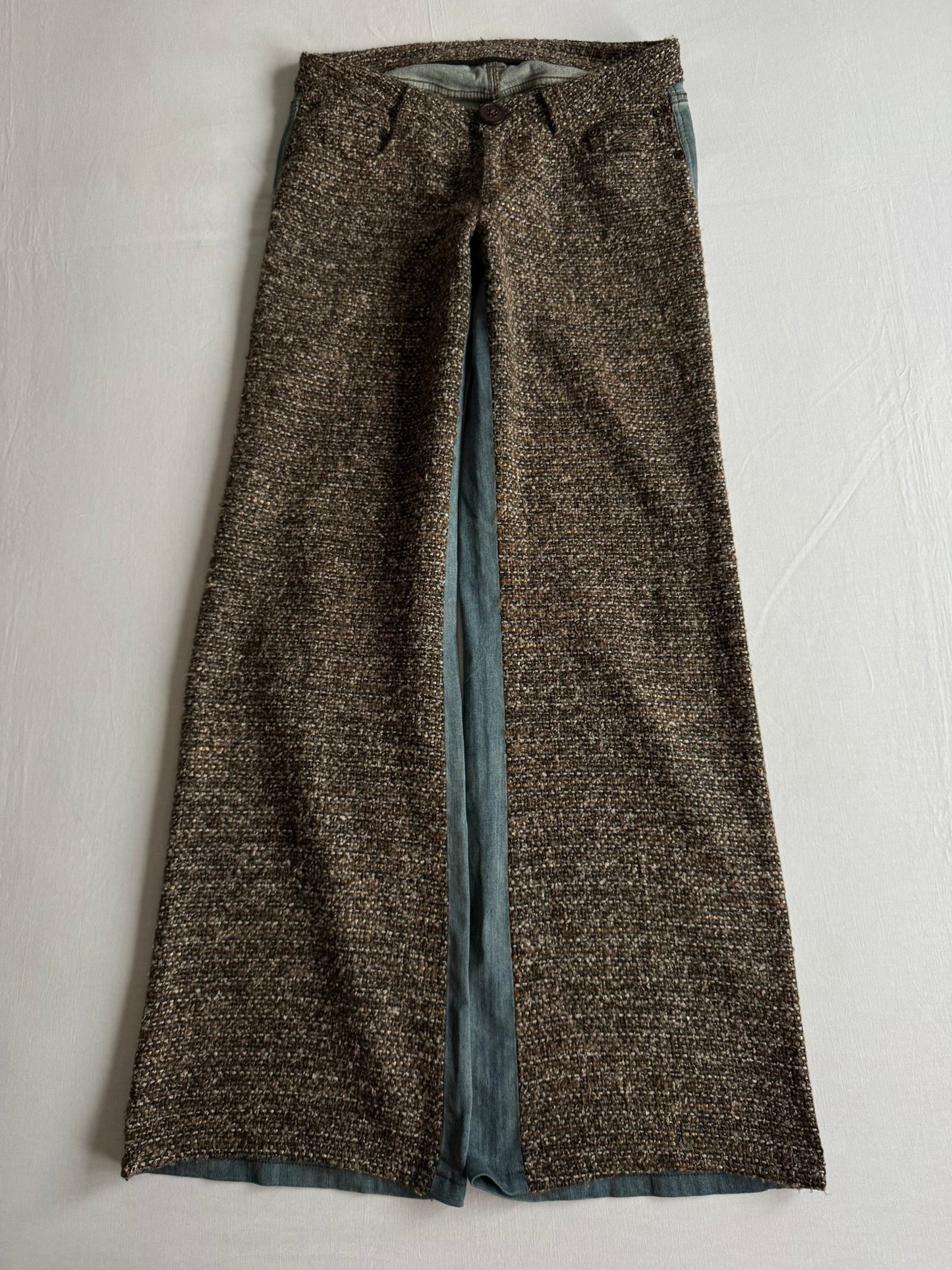🪵 Jeans Y2K Damă Flared din Tweed și Denim – US 28 - anbracaminte