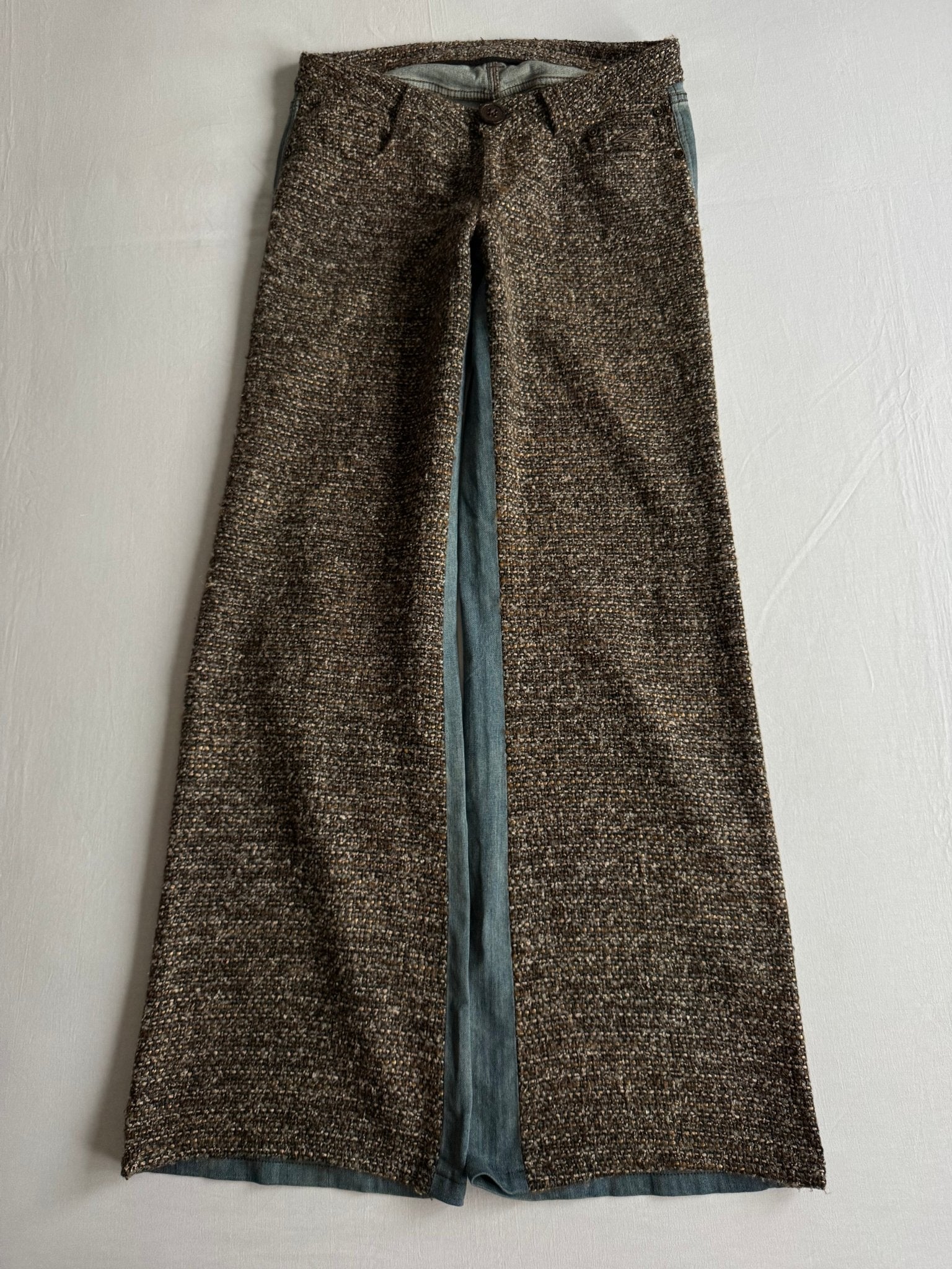🪵 Jeans Y2K Damă Flared din Tweed și Denim – US 28 - anbracaminte
