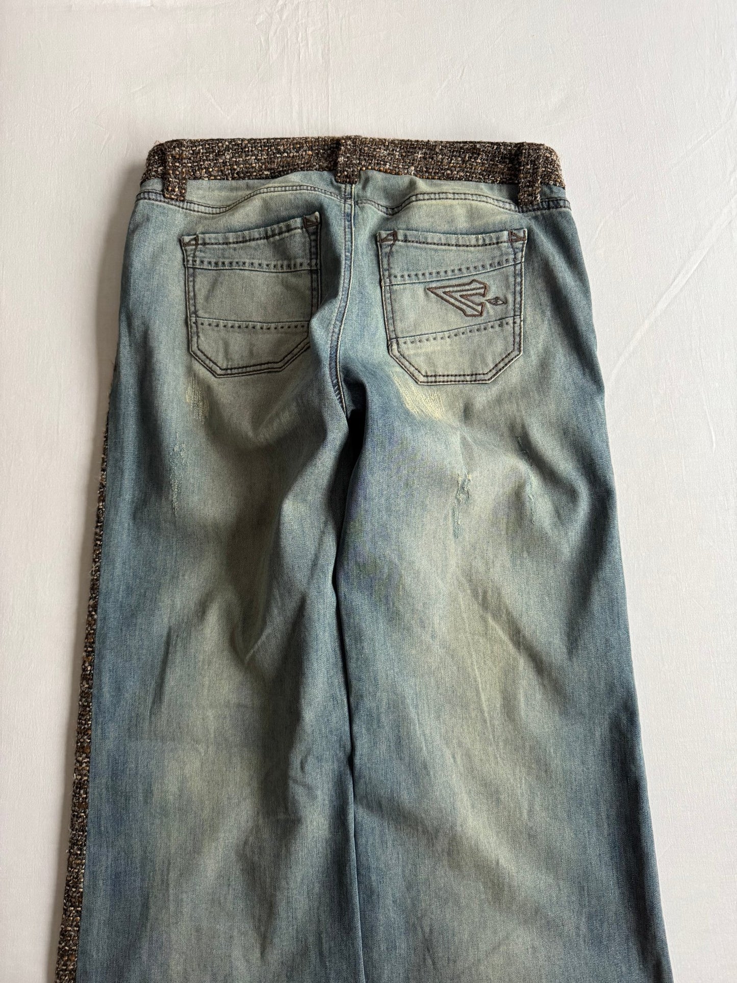 🪵 Jeans Y2K Damă Flared din Tweed și Denim – US 28 - anbracaminte