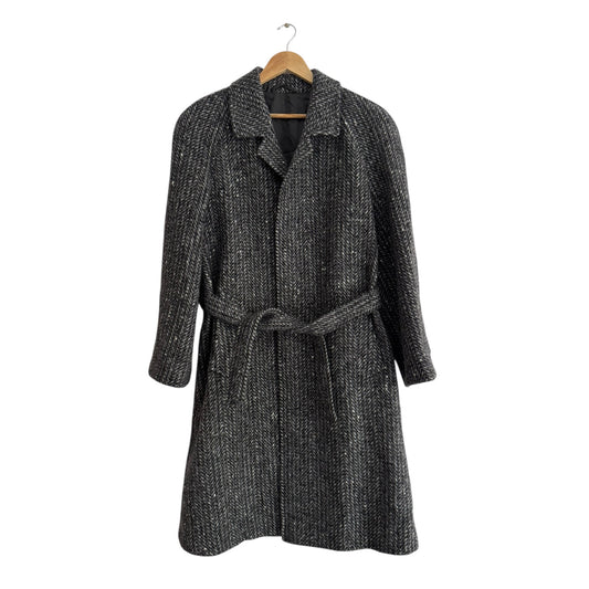 🧥 Palton Vintage Bărbați Gri Texturat din Lână Virgină cu Cordon – 50 (M Bărbați) - anbracaminte