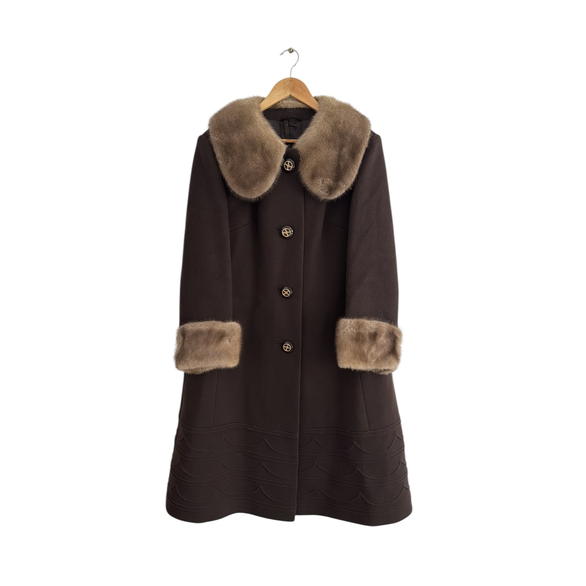 🧥 Palton Vintage din Lână Virgină Maro Închis cu Blană Naturală – L/XL Femei - anbracaminte