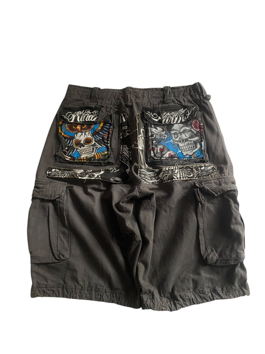 Pantaloni scurți cargo Y2K cu imprimeu original, mărimea US 34 🎨 - anbracaminte