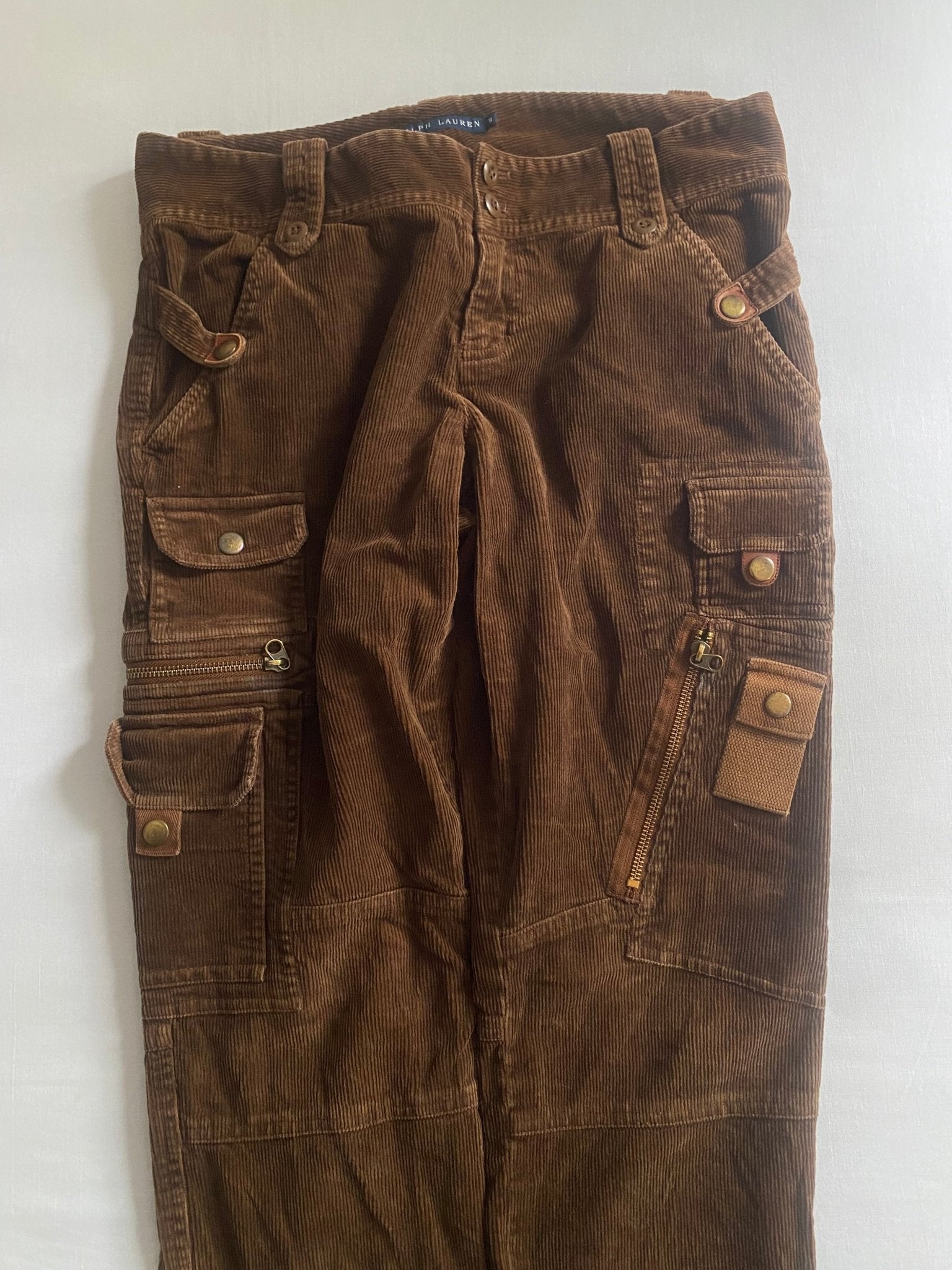 Pantaloni vintage Ralph Lauren pentru femei, cargo din catifea maro tehnică 🍂 - anbracaminte