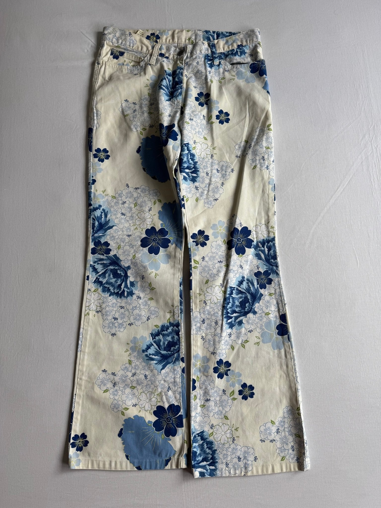 🌼 Pantaloni Y2K Damă Benetton Bootcut cu Imprimeu Floral – S (IT 42) - anbracaminte