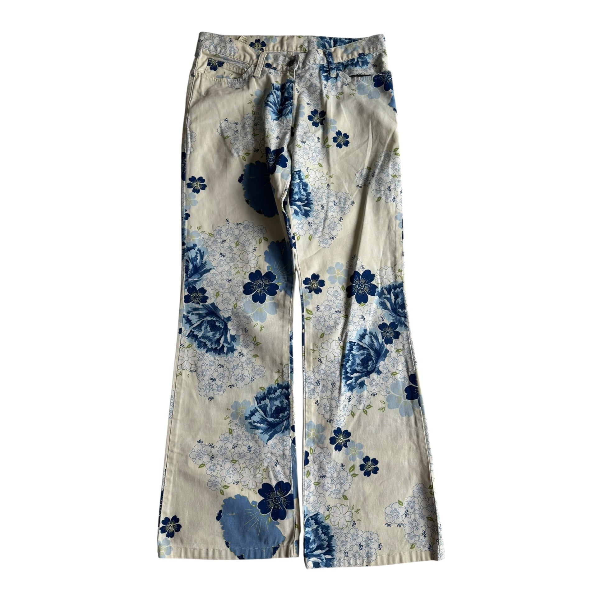 🌼 Pantaloni Y2K Damă Benetton Bootcut cu Imprimeu Floral – S (IT 42) - anbracaminte