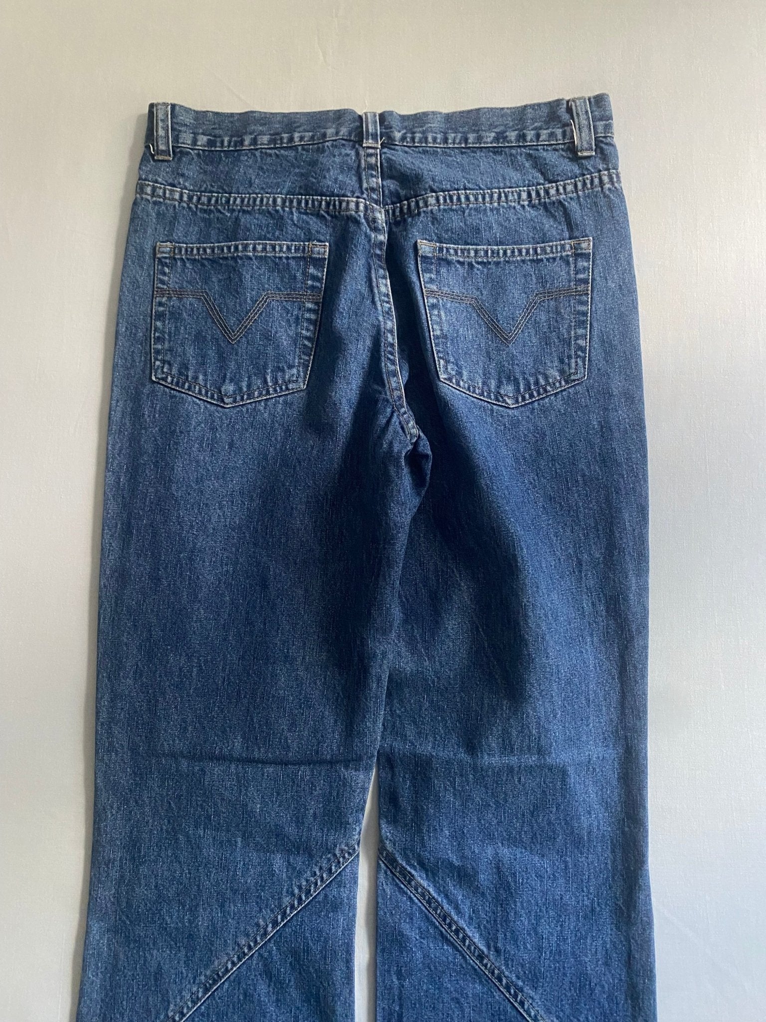 Pantaloni Y2K mix denim & catifea roșie – bootcut, mărime EU 36 (S) - anbracaminte