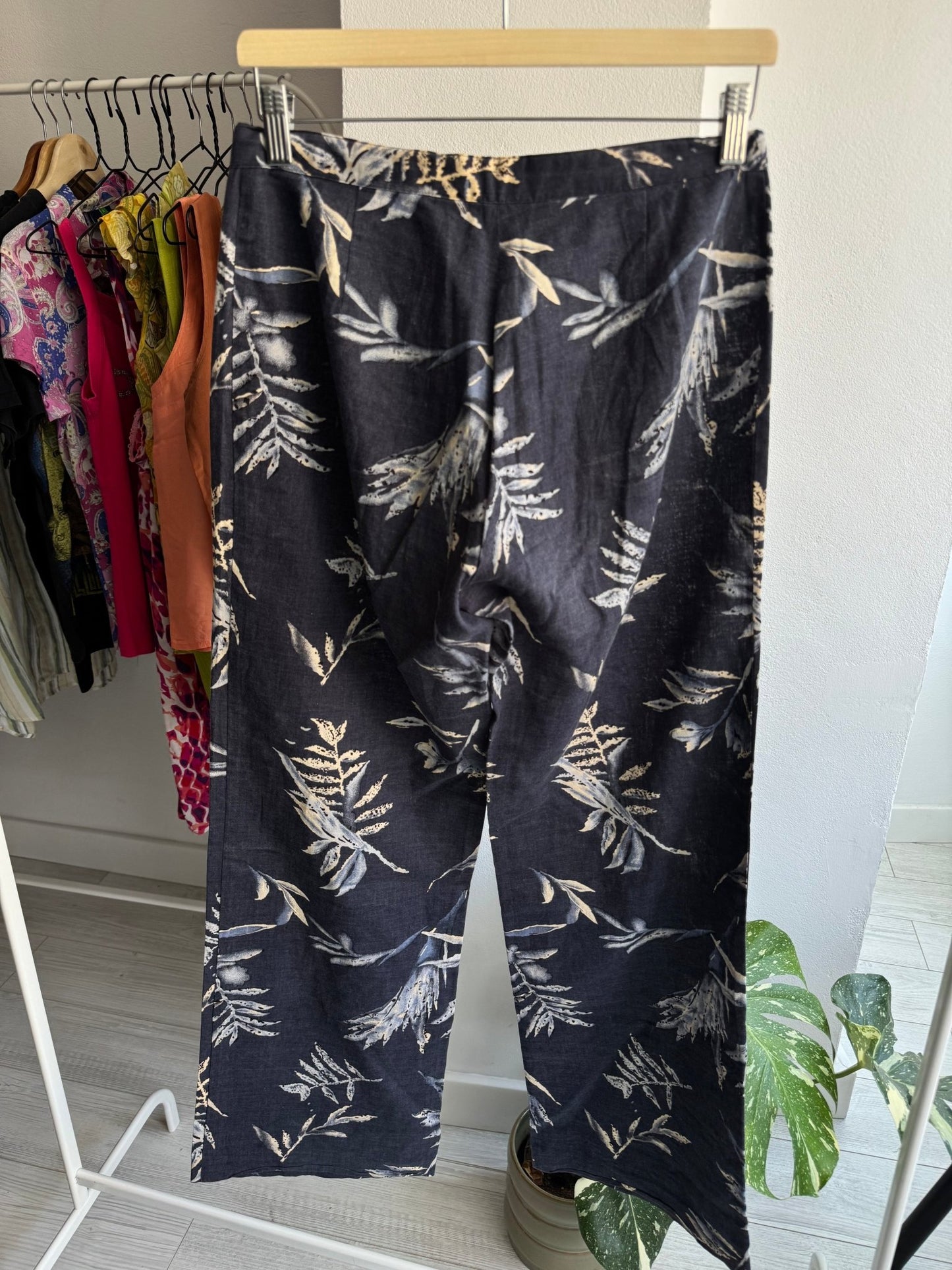 ☀️ Pantaloni Y2K Navy Print din In și Bumbac – Relaxed Fit – EU 36 Damă (S) - anbracaminte