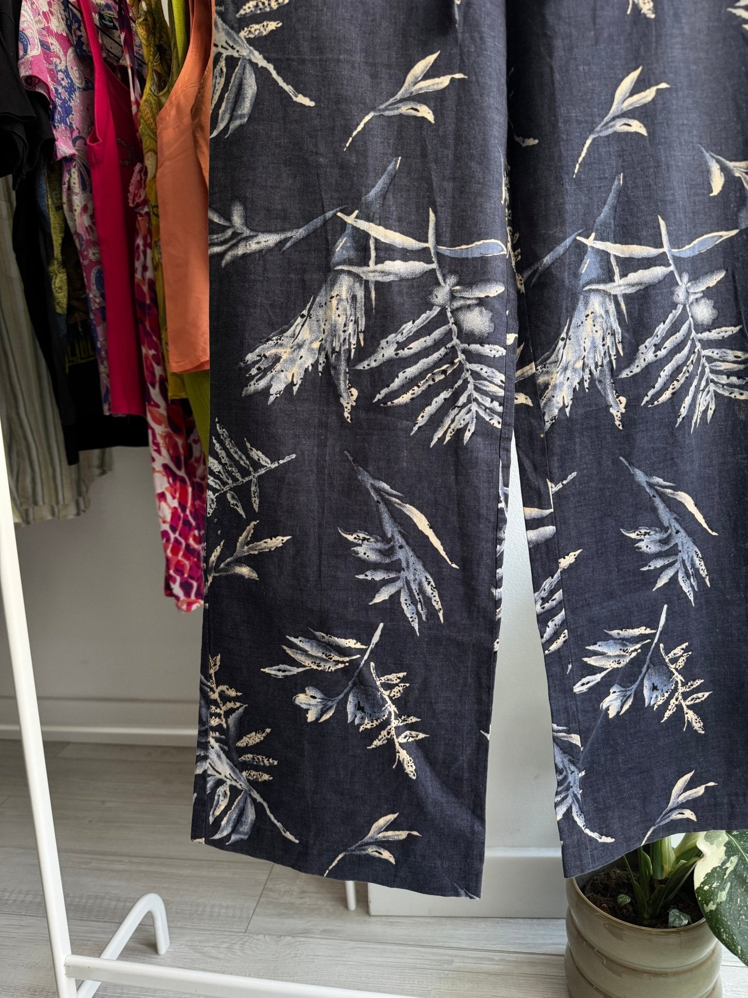 ☀️ Pantaloni Y2K Navy Print din In și Bumbac – Relaxed Fit – EU 36 Damă (S) - anbracaminte