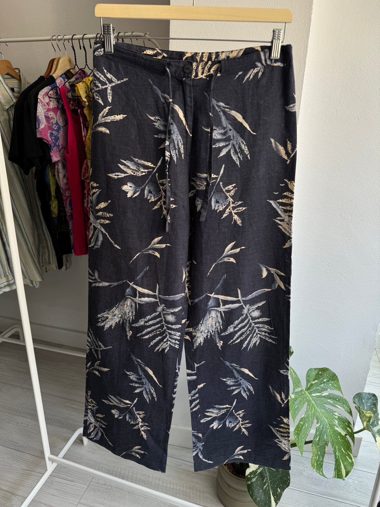 ☀️ Pantaloni Y2K Navy Print din In și Bumbac – Relaxed Fit – EU 36 Damă (S) - anbracaminte
