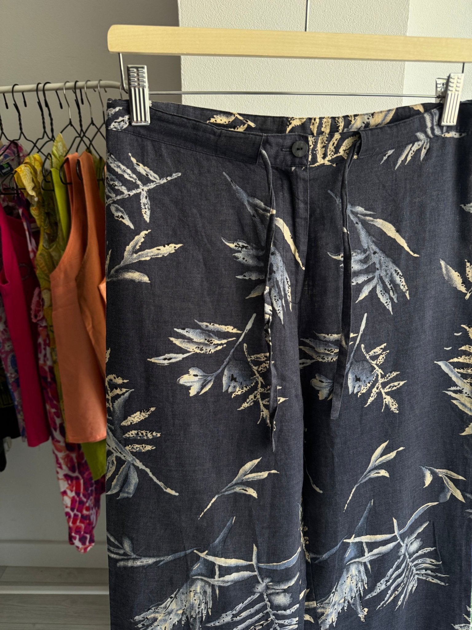 ☀️ Pantaloni Y2K Navy Print din In și Bumbac – Relaxed Fit – EU 36 Damă (S) - anbracaminte