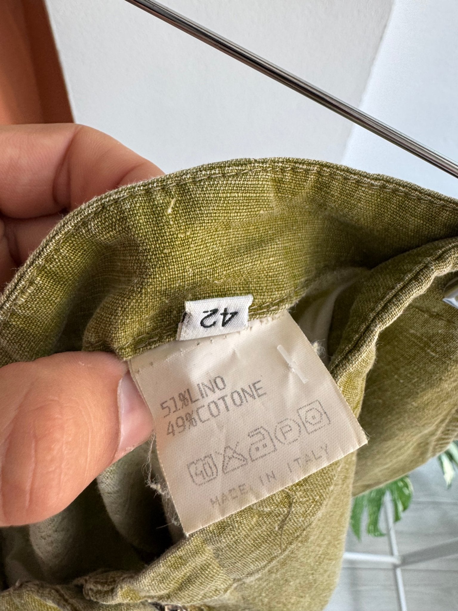 🫒 Pantaloni Y2K Oliv din In și Bumbac – IT 42 Damă (M) – Made in Italy - anbracaminte