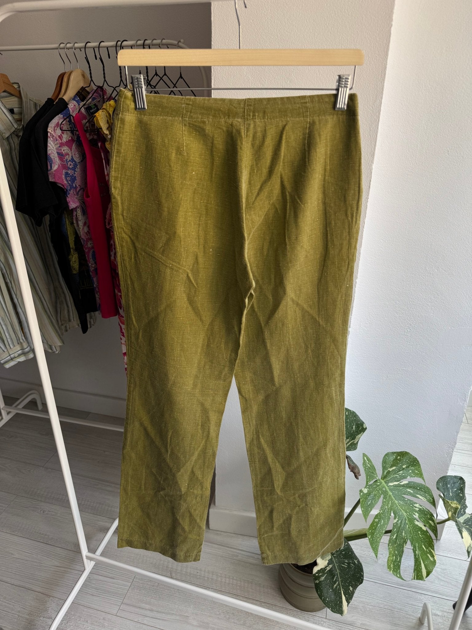 🫒 Pantaloni Y2K Oliv din In și Bumbac – IT 42 Damă (M) – Made in Italy - anbracaminte