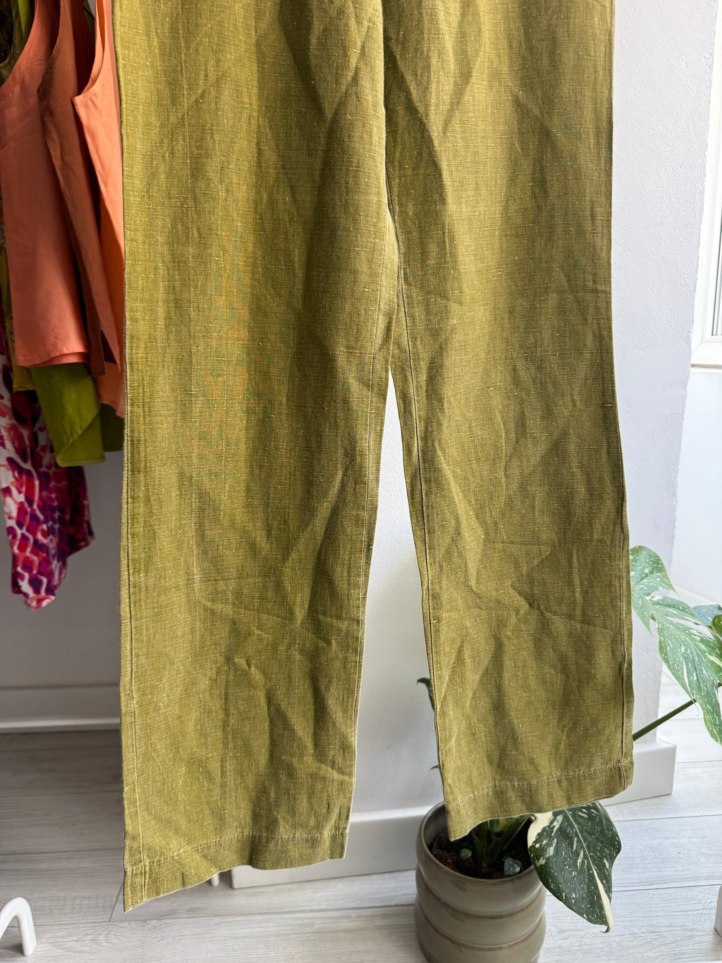 🫒 Pantaloni Y2K Oliv din In și Bumbac – IT 42 Damă (M) – Made in Italy - anbracaminte