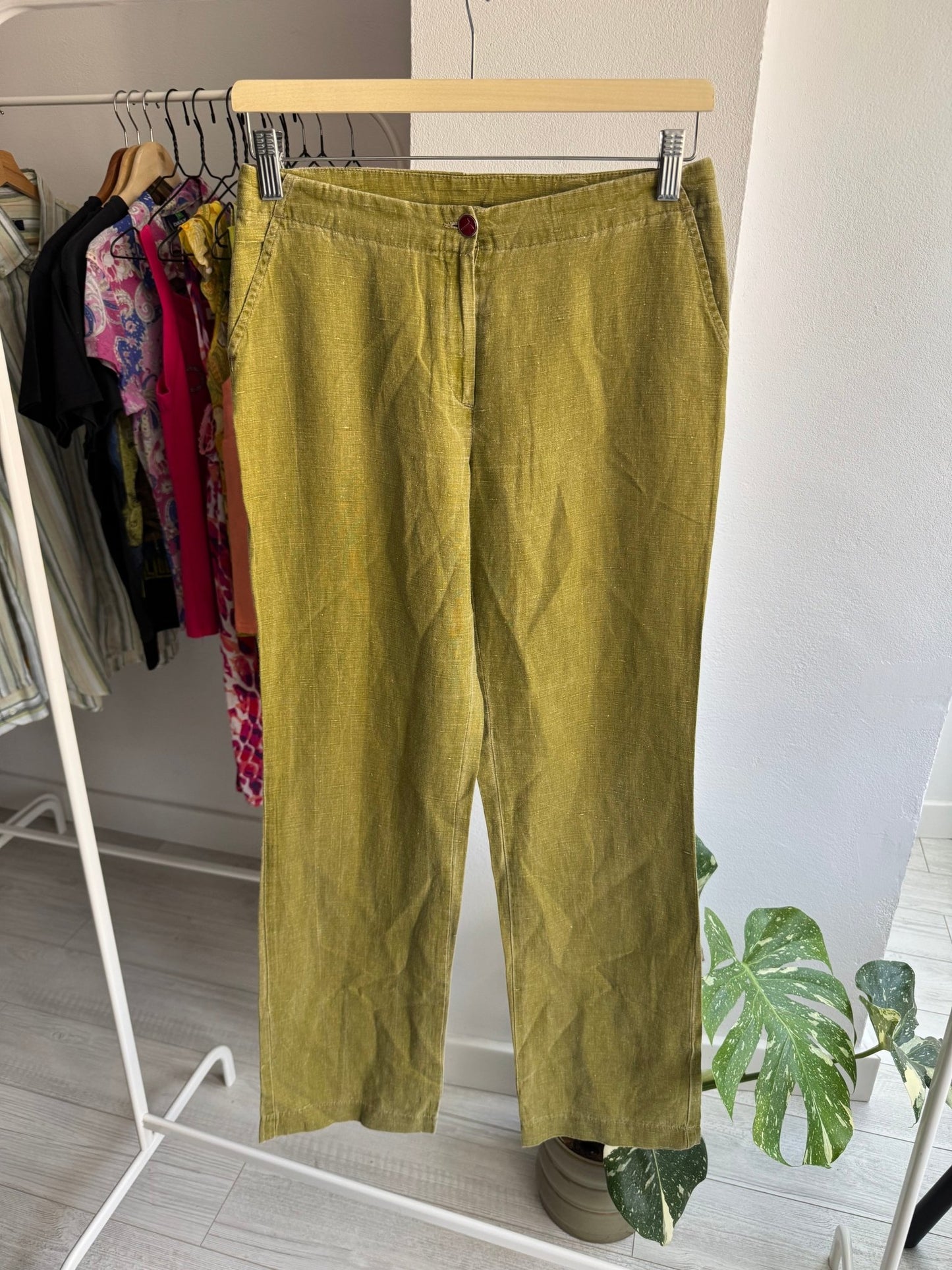 🫒 Pantaloni Y2K Oliv din In și Bumbac – IT 42 Damă (M) – Made in Italy - anbracaminte