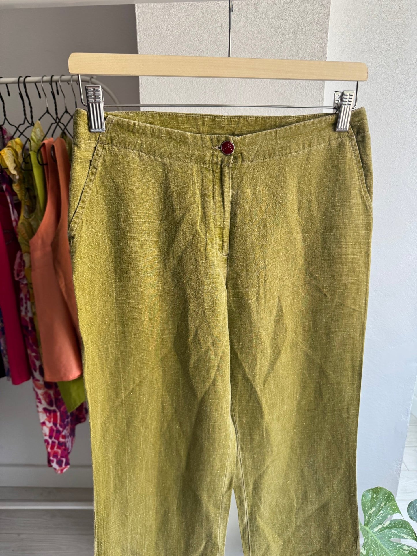 🫒 Pantaloni Y2K Oliv din In și Bumbac – IT 42 Damă (M) – Made in Italy - anbracaminte