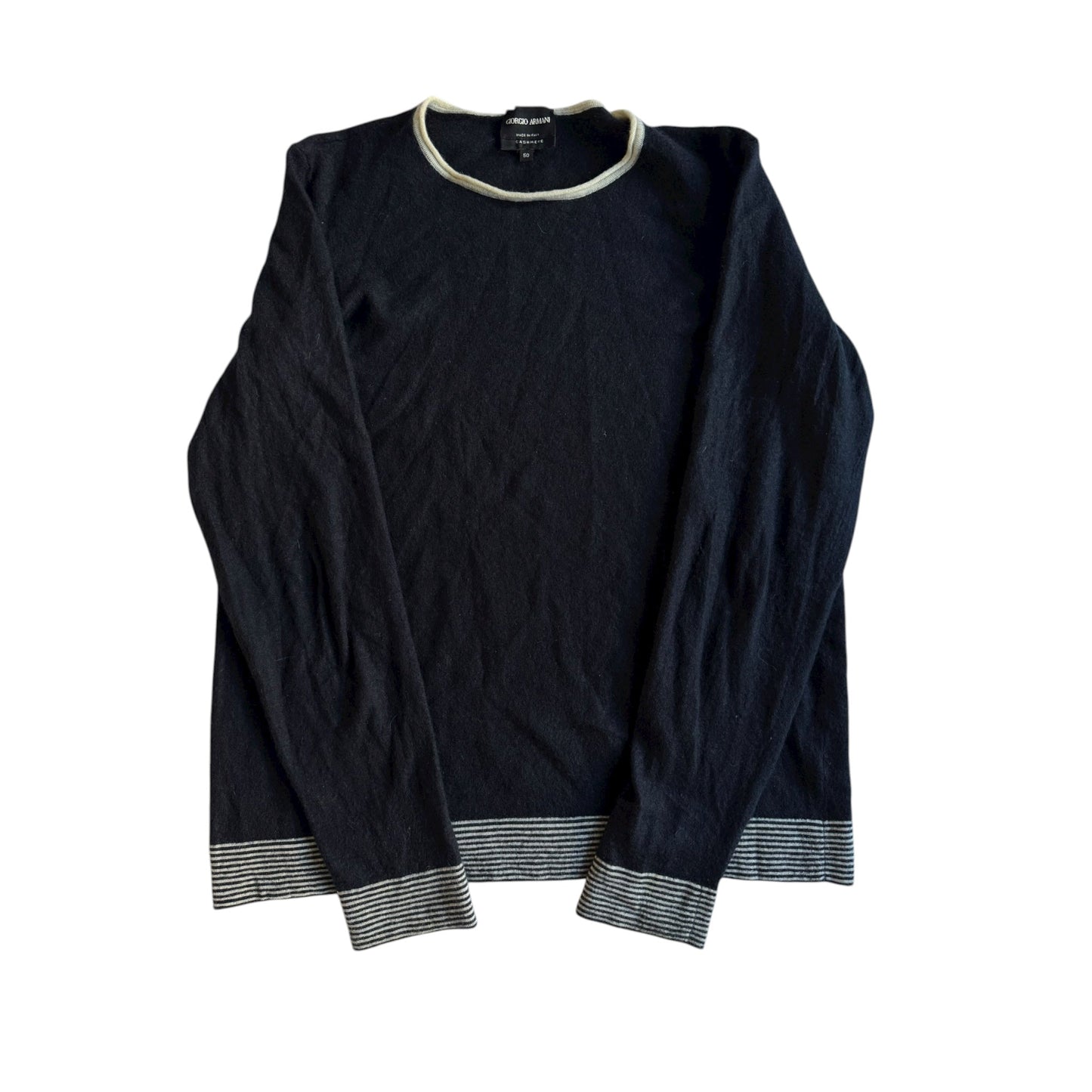 ⚓️ Pulover Giorgio Armani Bleumarin / Cashmere cu Manșete în Dungi (Mărime S Bărbați) - anbracaminte